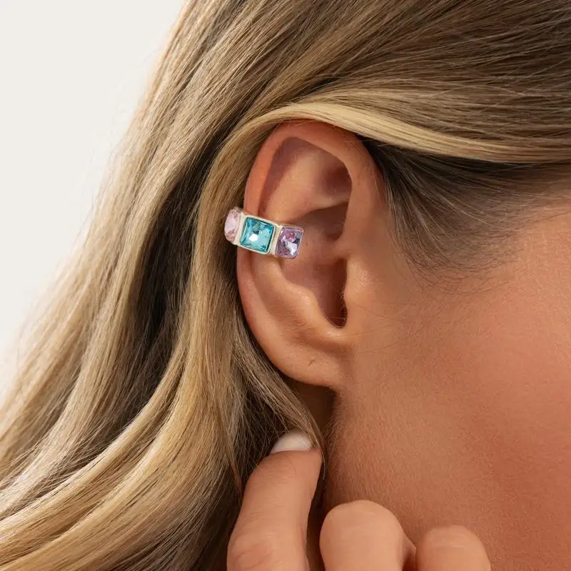 Light Luxury Colorful Acrylic Diamond Clip Earrings For Women Trendy C-shaped Geometric Fake Piercing Ear Cuff Jewelry Accessor