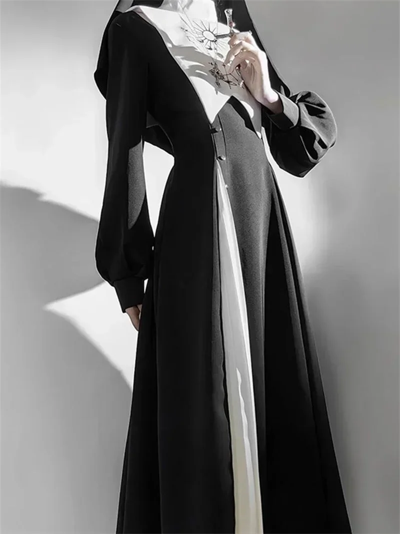

Long Sleeved Nun Dress Black and White Nun Lolita Dark Gothic Dress 2025 Hot Sale Halloween Costume Cosplay Set
