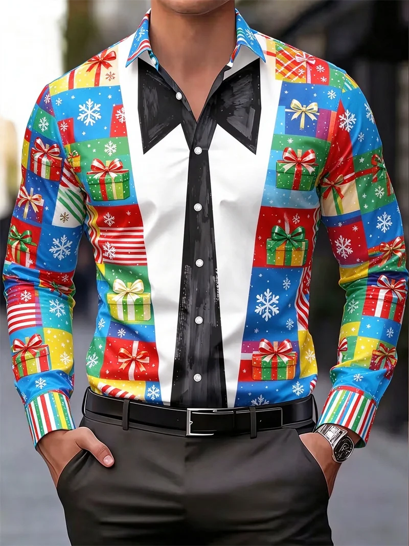 New men's Aurora snow 3D printed long sleeved shirt with dreamy Aurora pine snowflake print collar shirt