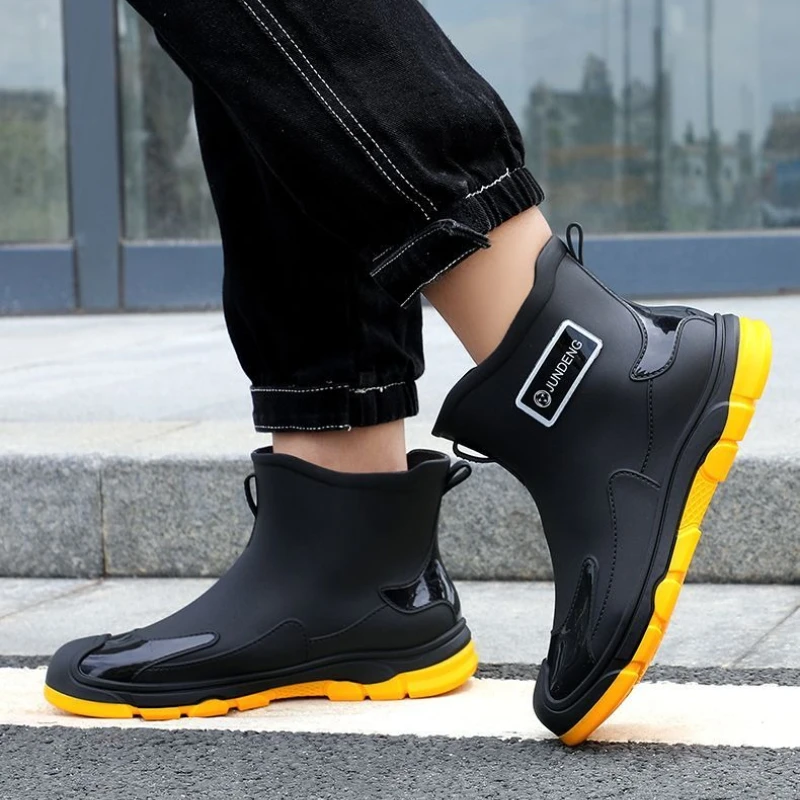 

Водонепроницаемые короткие мужские резиновые сапоги для приготовления пищи, теплая мужская обувь с цветными блоками, новые высококачественные галоши из ПВХ для взрослых с широкими пальцами для города