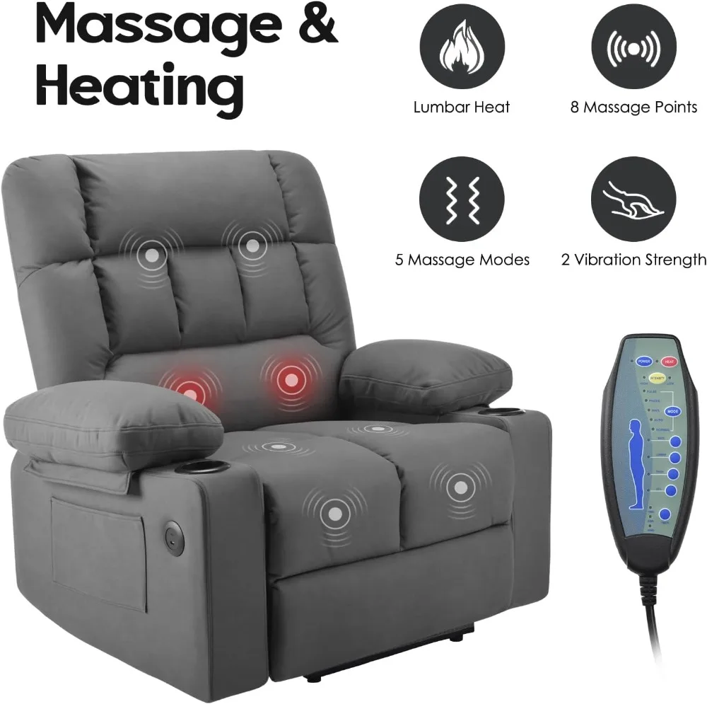 كرسي كرسي رفع كهربائي كبير الحجم مع تدليك، حرارة، منافذ USB لكبار السن الكبار والطويل