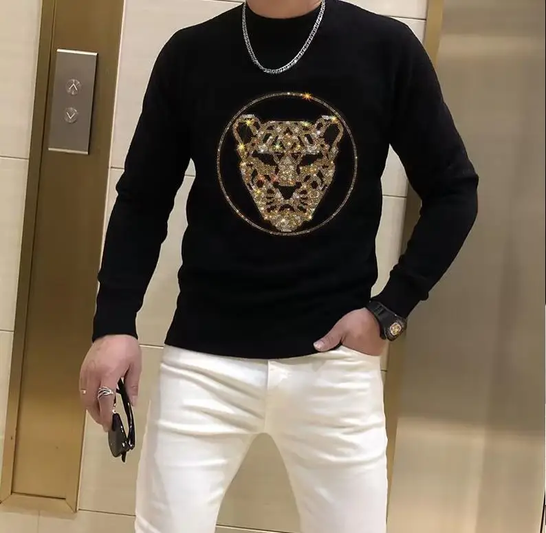 

2021 Best Version Rhinestone Men Sweater Pure Color Basic Sweater Outwear Autumn Winter