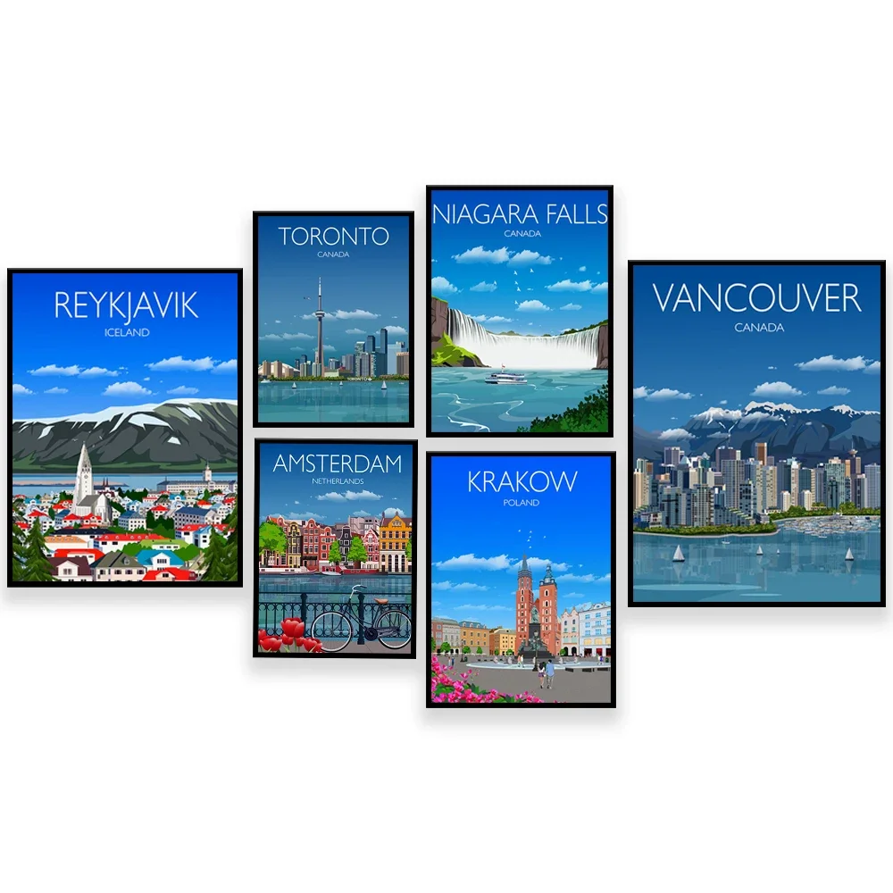 Krakow, Niagara Falls, Cumbria, UK, Amalfi, Arizona Grand Canyon, Washington, Manhattan skyline, Reykjavik Iceland travel poster