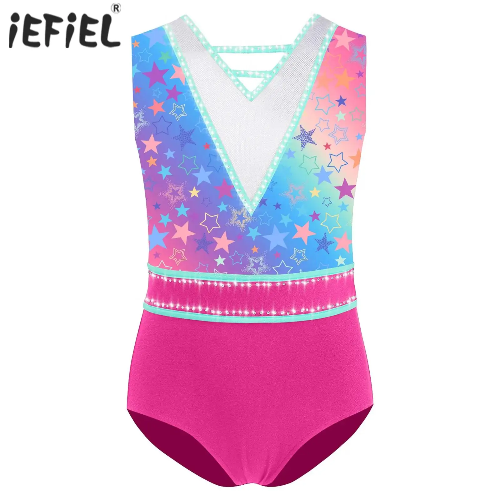

Kids Girls Ballet Leotard Printed Gymnastics Workout Dancewear V-Neck U-Back Sleeveless Rhinestone Figure Ice Skating Bodysuit