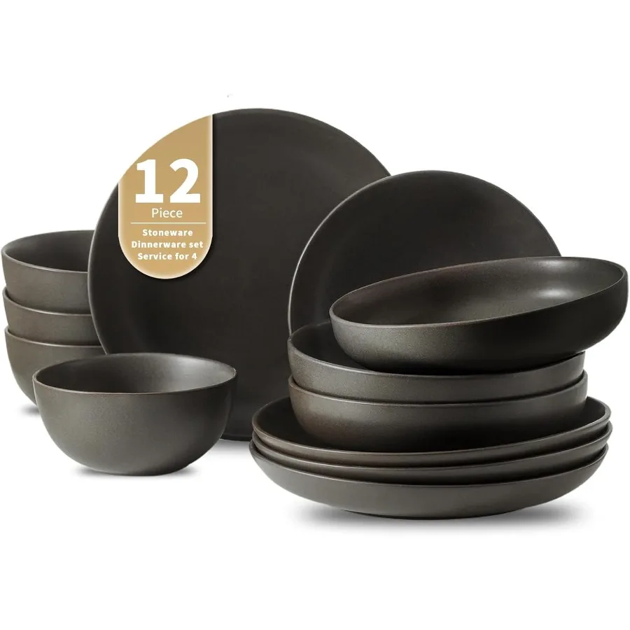 

12Piece Farmhouse Stoneware Dinnerware Set with Plates and Bowls for Kitchen Matte Black Ceramic Dish Set for 4 People Scratch