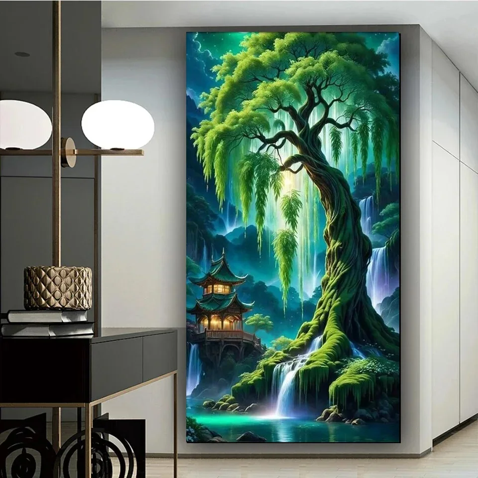 Pintura de diamante 5D grande DIY Árbol de la vida verde, paisaje de cascada, mosaico, bordado de diamantes, decoración de imagen, decoración de arte para el hogar