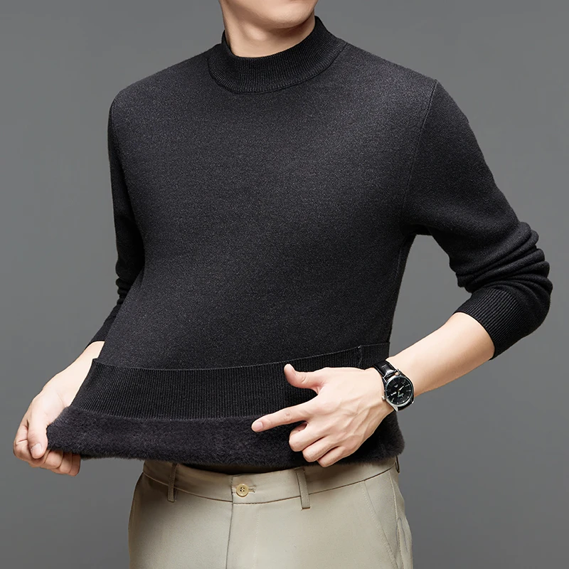 남성용 겨울 신상 하프 하이넥 스웨터, 플리스 안감과 두꺼운 울 소재로 보온성과 이너웨어로도 활용 가능