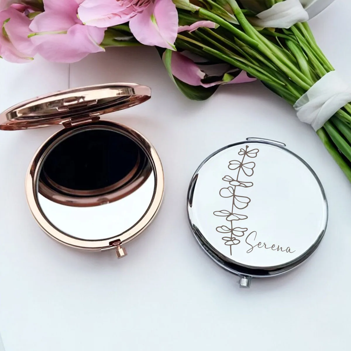 1pc Colorful flower Custom Name Round Circle Mirror Fold Mirror Pocket Mirror Makeup Mirror Birthday Gift Party Gift