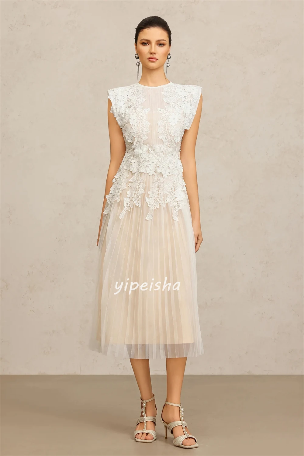 Customized Elegant Fashion Tulle Applique Pleat Straight Scoop Neck Tea Length Dresses Bespoke Occasion Dresses Modern Style image 3