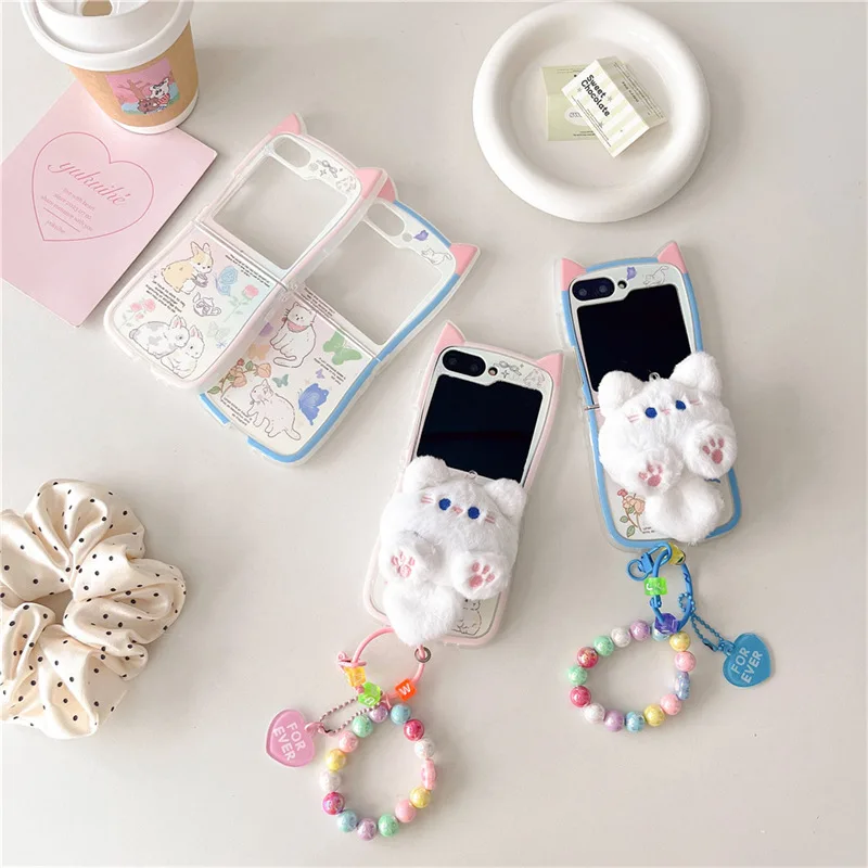 Rabbit Plush Phone Stand Case for Samsung Galaxy Z Flip 6 5 4 3 Protective Back Cover for ZFlip4 ZFlip5 ZFlip6 Case