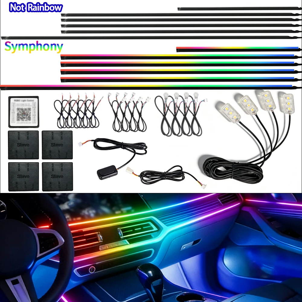 Image of 18-in-1 Auto-LED-Ambientebeleuchtungs-Set mit Musik-Synchronisation, RGB 213 Farben, Regenbogen, Bluetooth-App-Steuerung, Auto-Innenraum-Acryl-Neon-Atmosphärenlampenstreifen