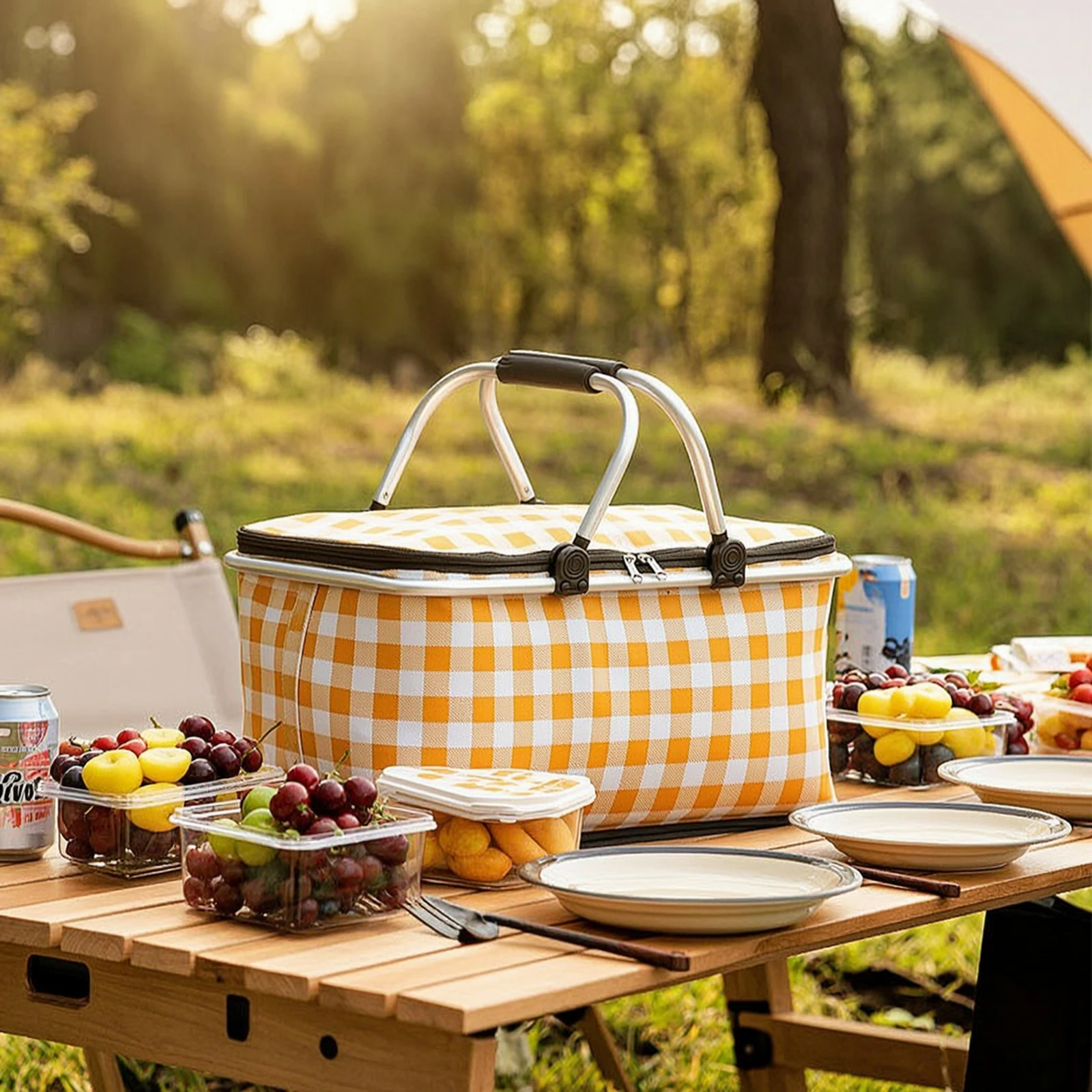 Insulated Picnic Basket Space-Saving Foldable Picnic Basket Cooler Bag Stable Reusable for Picnickers, Picnics, Camping