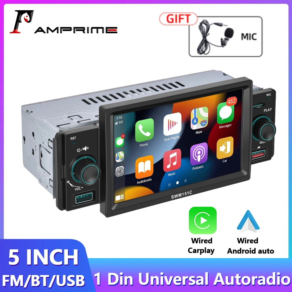 AMPrime Car Radio 1 Din 5 Inch Touch Screen Multimedia MP5 Player Carplay&Android Auto MirrorLink Universal Car Stereo Autoradio