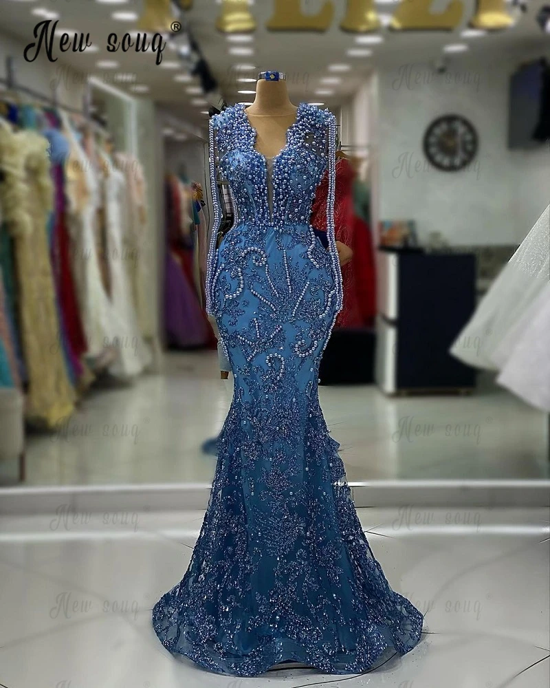 Robe de soirée à col en V profond avec pompon, robe de sirène longue, découpée, bleu, initiée, invité de mariage, perles brillantes, robe de Rh, sur mesure, 2023