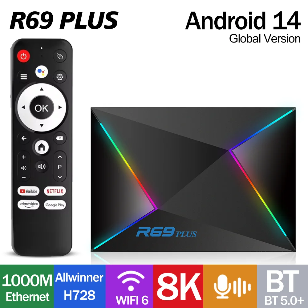 2025 الأصلي R69PLUS أندرويد 14 TV Box ثماني النواة A55 CPU Allwinner H728 Mali G57 GPU WiFi 6 8K فيديو BT5.0 + 1000M إيثرنت