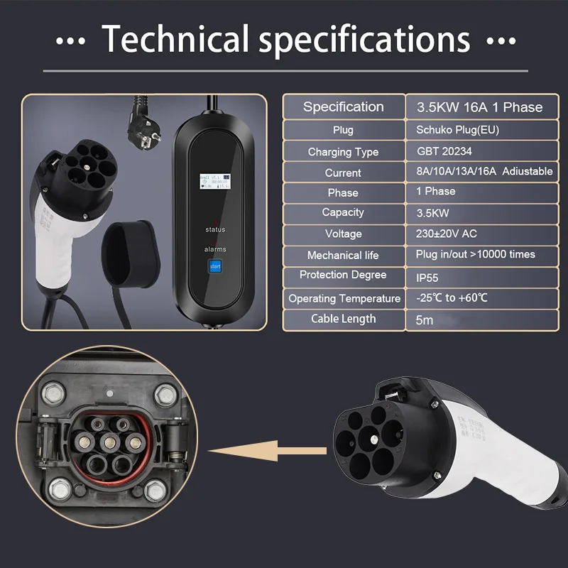 Teschev GB/T Cord 16A 3.5kW EV przenośna ładowarka Type2 Cable 220V EVSE etui z funkcją ładowania Type1 ładowarka samochodowa do pojazd elektryczny