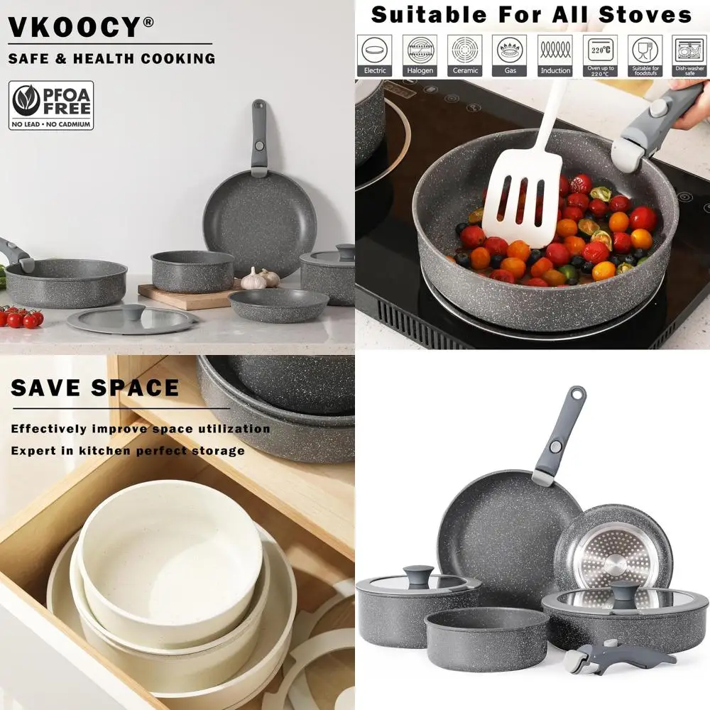 

Ceramic Detachable Handle Cookware Set for Induction, Stackable Pots and Pans, Oven & Dishwasher Safe, Grey