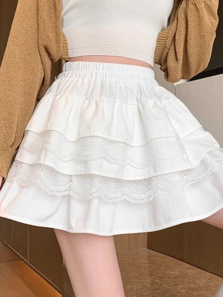 

Zoki Lace Patchwork Sweet Skirt Women Korean Fashion High Waist Cute Cake Mini Skirt Casual Preppy Style Female Elegant Skirt