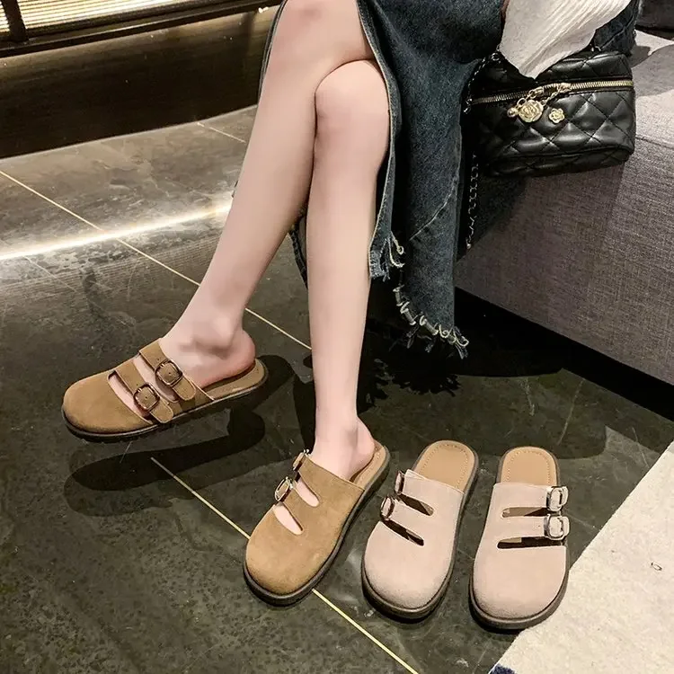 Baotou Slippers Women Spring New Fashion Light Comfortable Couple Slippers Female Retro Suede Solid Belt Buckle Women's Shoes