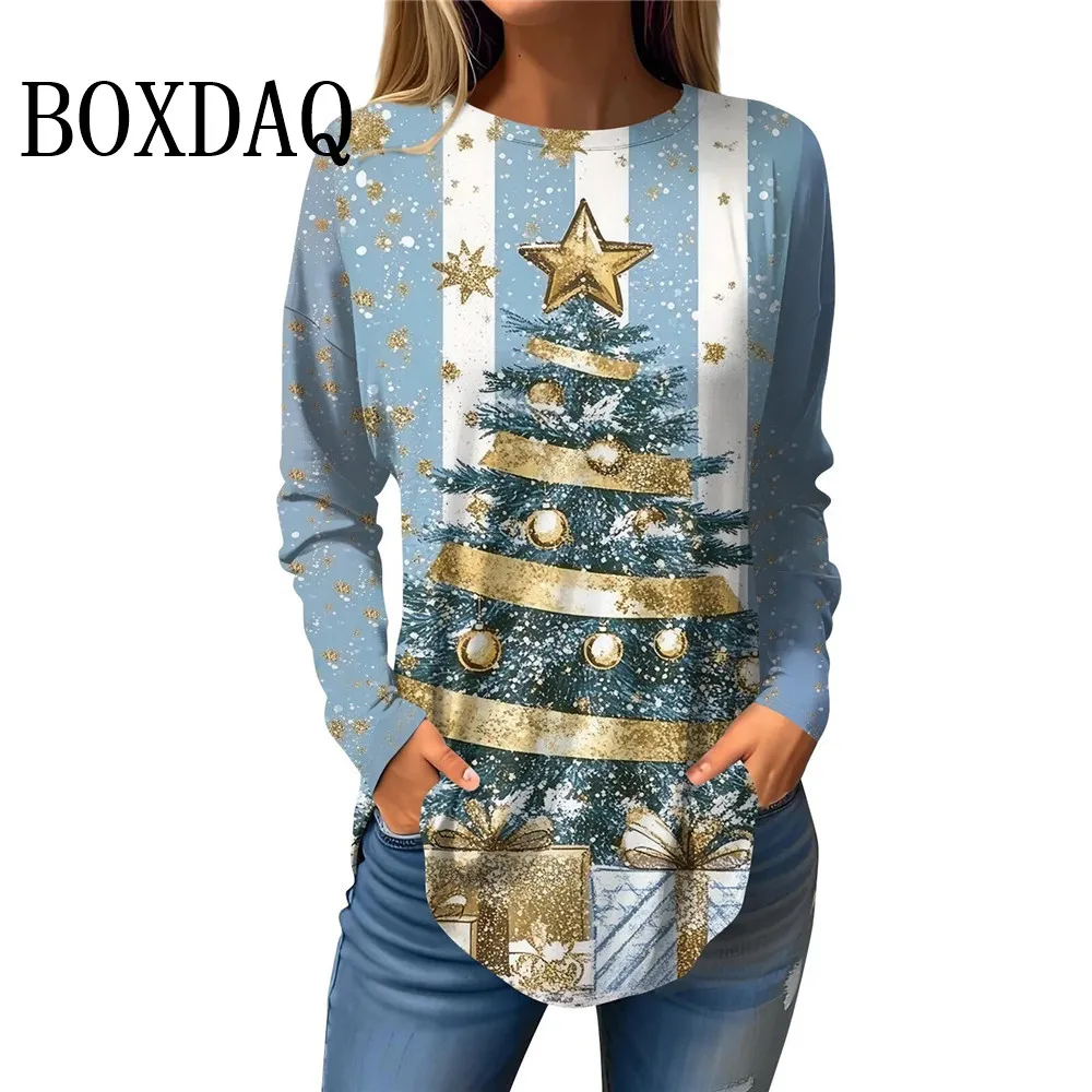 Christmas Tree Pattern Women Fashion T-Shirts Autumn Winter Long Sleeve 3D Print Street Ladies Shirt Casual Streetwear Loose Top