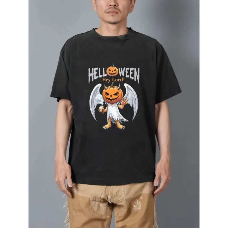 

Men's Washed T-Shirt Black Helloween My Lord Pumpkin Angel Printed Pattern & Text High Quality 100% Cotton 230g