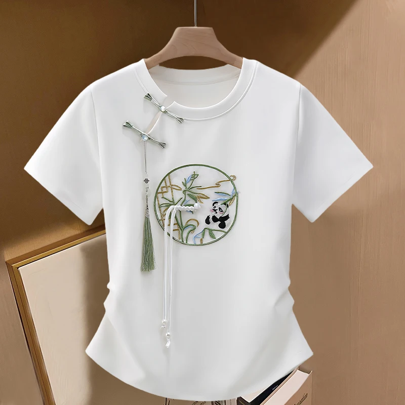 plus Size New Chinese Style Embroidered White T-Shirt Women Summer Slimming Design Short Sleeve round Neck Cotton Blend Top