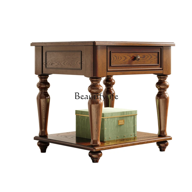 

American Country Style Solid Wood Small Square Coffee Table with Drawers