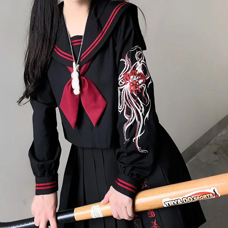 Uniforme de bordado de menina da escola japonesa, manga comprida, classe japonesa, roupas de marinheiro para estudantes, anime Cos-XL, 2023