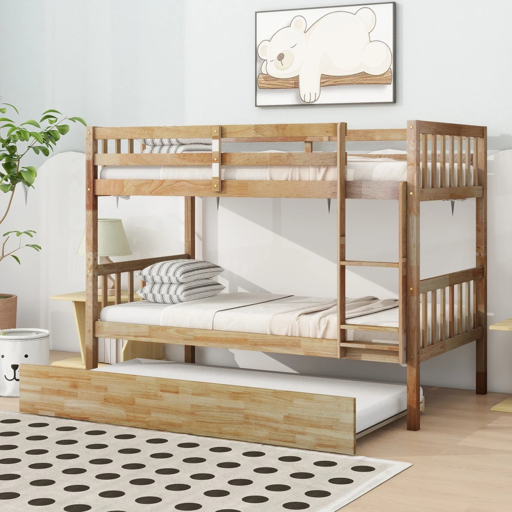 

White Oak Twin Over Twin Rubber Wood Bunk Bed with Trundle Convertible to 2 Twins Ladder & Safety Guardrails