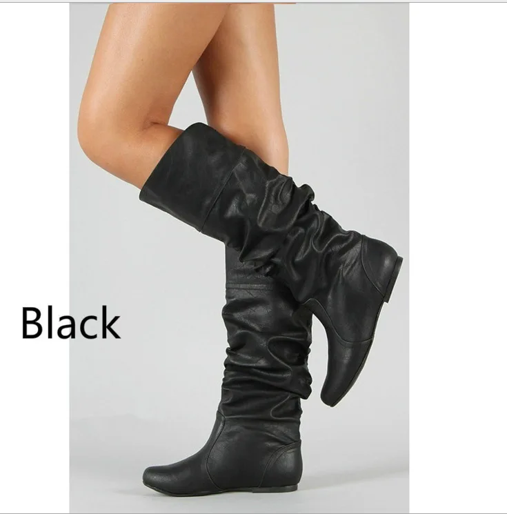 Botas De Mujer 2024 Winter Women Mid-calf Flat Hight Boots Leather Plus Size Shoes for Women 35-43 Snow Boots Brown Long Boots