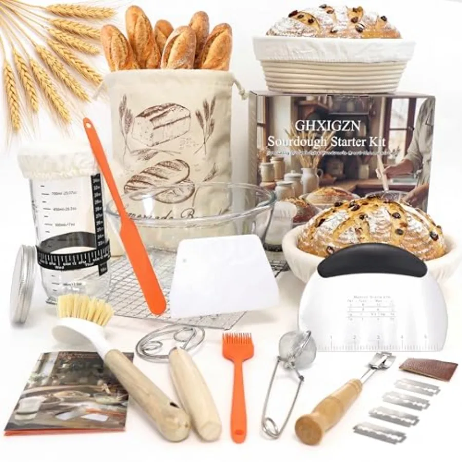 

Полный набор для закваски из дрожжевого теста: круглые корзины для расстойки из индонезийского ротанга (9 и 10 дюймов), стеклянная миска для смешивания, стакан для ферментации.