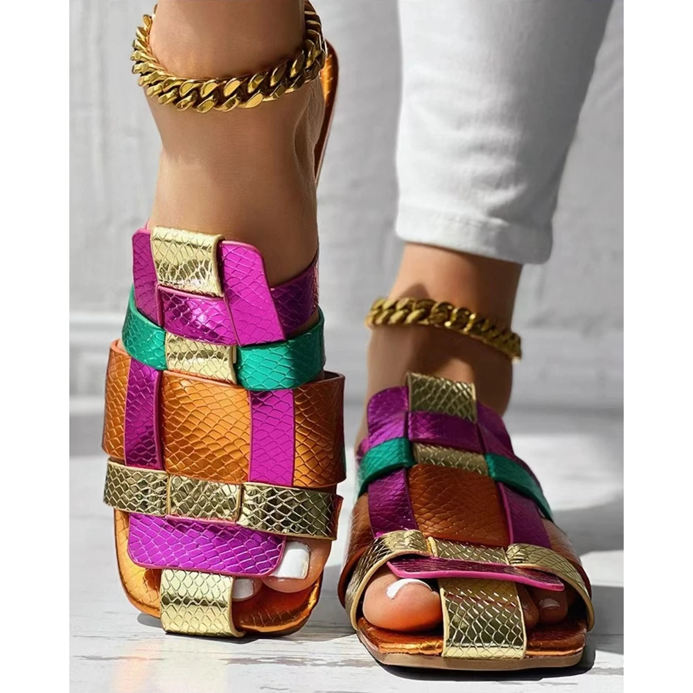 Outdoor Summer Fashion Casual Going Out Sandals Shoes Rainbow Colorblock Square Toe Beach Slippers