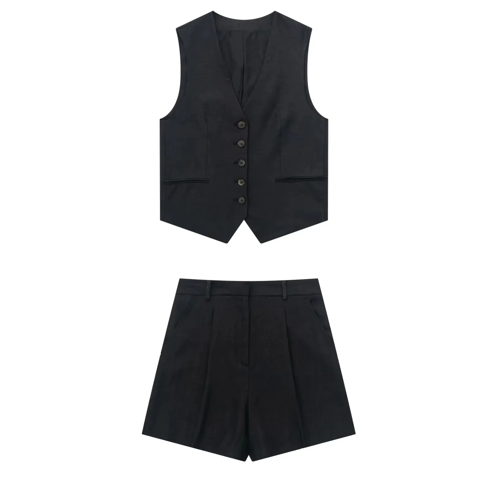 Ladies Solid Waistcoat Shorts Set Women Sleeveless Vest Top And High Waist Slim Shorts Lady Office Casual 2 Pieces Set Female