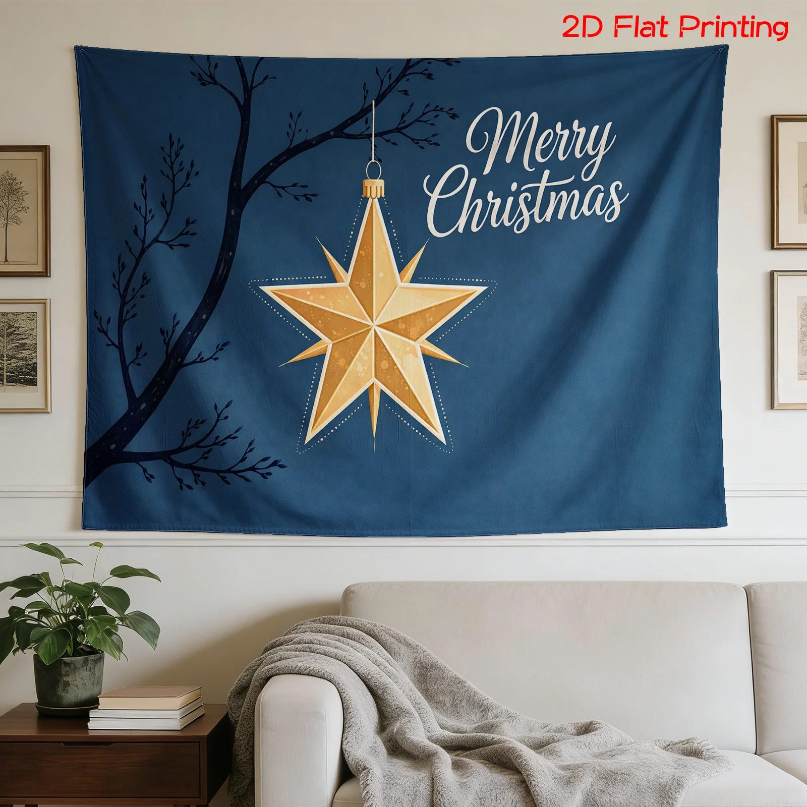 Rustic Blue Christmas Tapestry Wall Hanging Festive Merry Christmas Star Decor Holiday Xmas Xmas Tree Season Home Abstract Art P