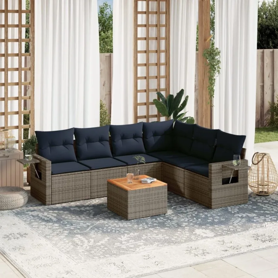 

7 Piece Patio Sofa Set with Cushions Gray Poly Rattan