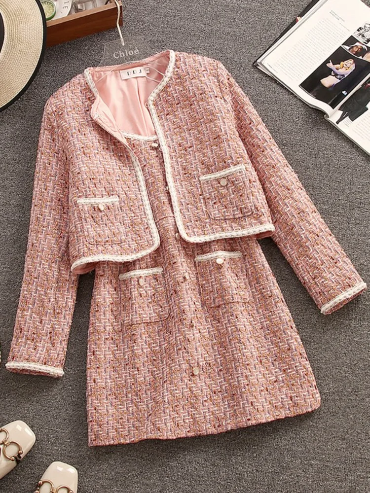 2022 Autumn Winter New Dress Suits Women\'s Vintage Tweed Jacket Coat + Slim Suspenders Short Dress Two-piece Sets Lady Outfit