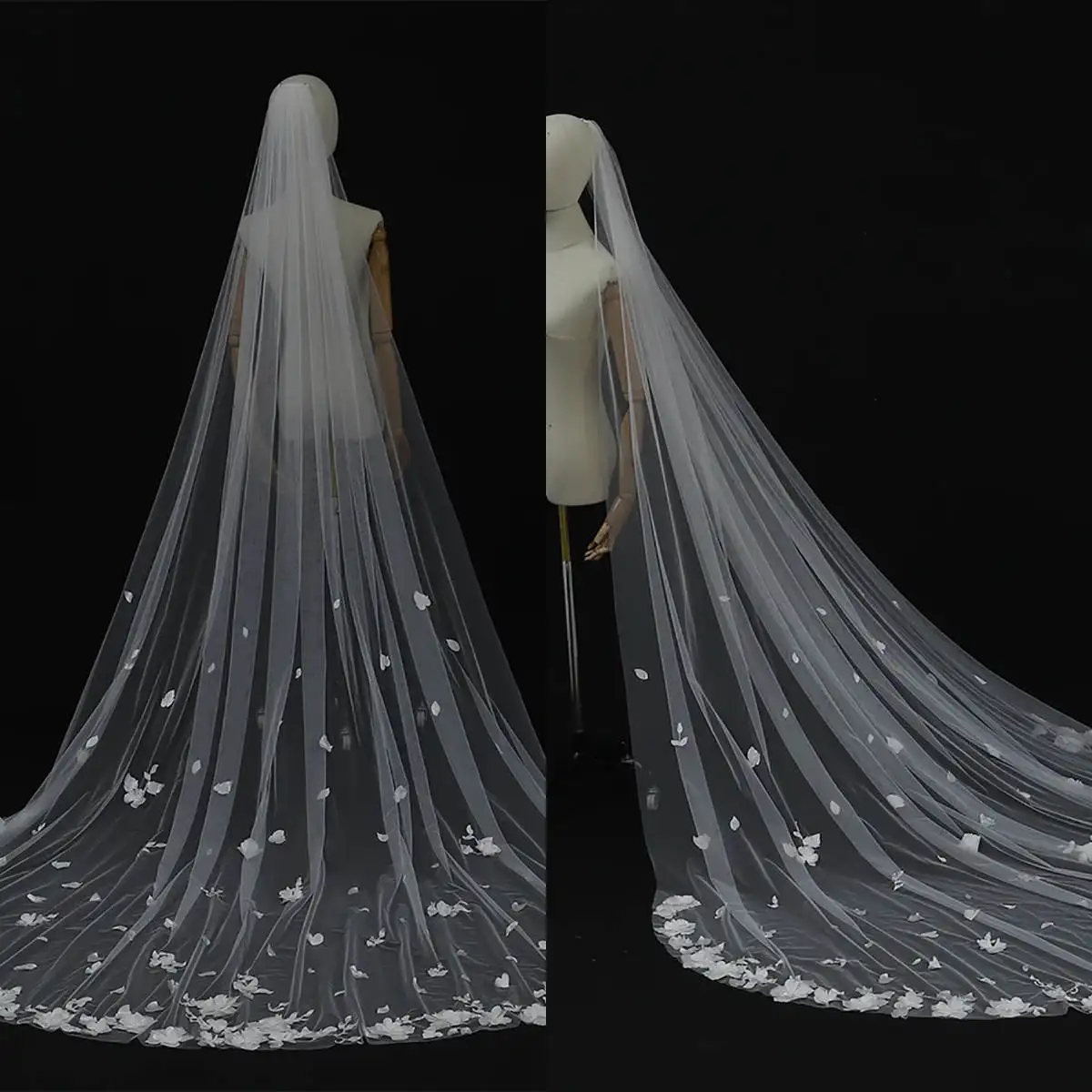 

Luxury White Wedding Veil Cathedral Length One Layer Long Bridal Veils Handmade Flower Appliques Edge For Bride