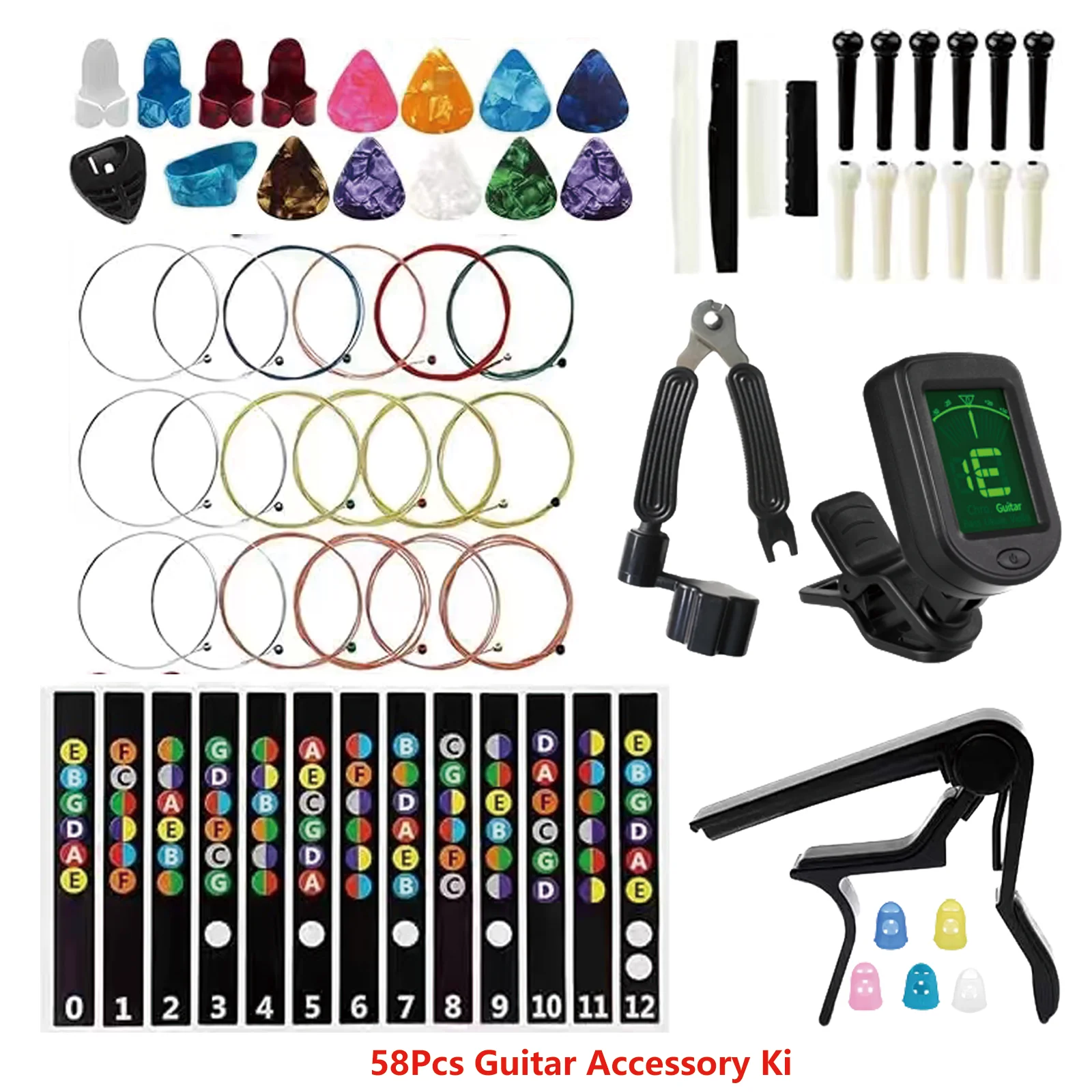 Juego de accesorios para guitarra 58 en 1: afinador, capo, cortador de cuerdas, cuerdas variadas, púas coloridas y otros imprescindibles para guitarristas