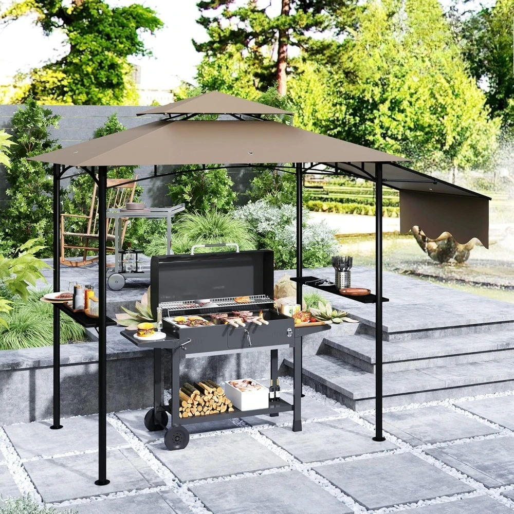 

8' X 5' Grill Gazebo, Double Tiered Outdoor BBQ Gazebo with Side Awning, 2 Side Shelves and 6 Hooks , Customized