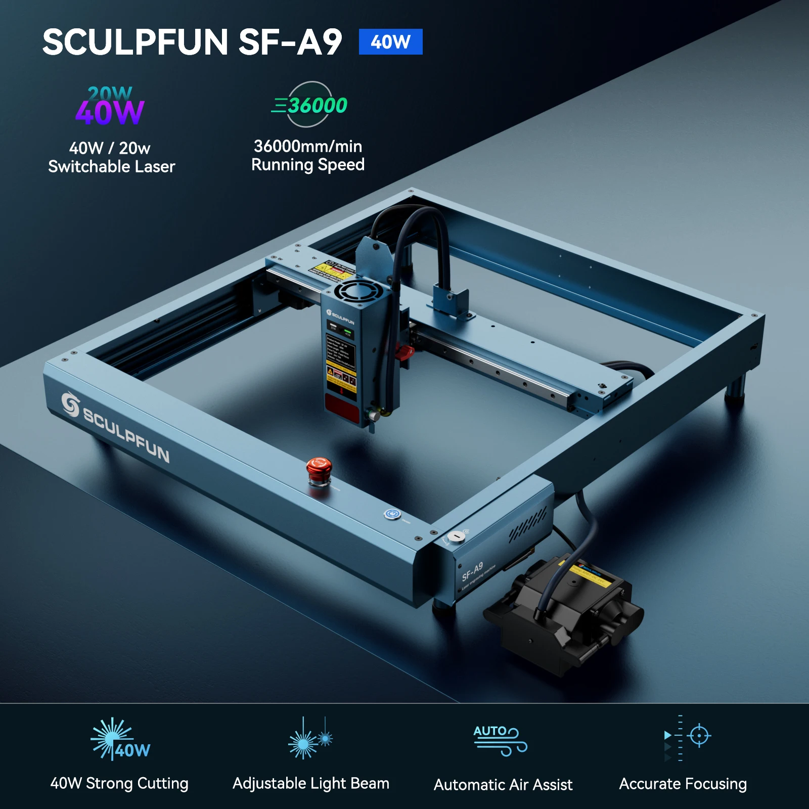 Incisore Laser A Diodi Sculpfun SF-A9 40W, 400X400Mm, Lunghezza D'onda 450Nm±5Nm, 36000Mm/Min, Compatibile Con Lightburn / Sculpfun APP-image