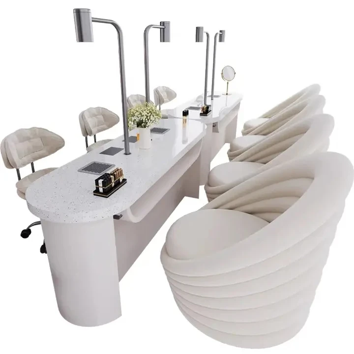 Cream White Nail Table, Modern Salon Furniture, Manicure Desk with Drawers, Stone Top, Beauty Shop Chair Set