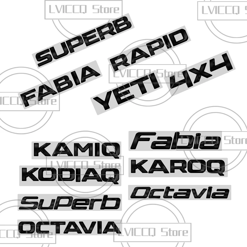 Dla Skoda Yeti Fabia Octavia Superb Rapid Kodiaq 4X4 Karoq Kamiq Emblemat samochodowy 3D Metalowe logo Naklejka na karoserię Czarna litera Odznaka
