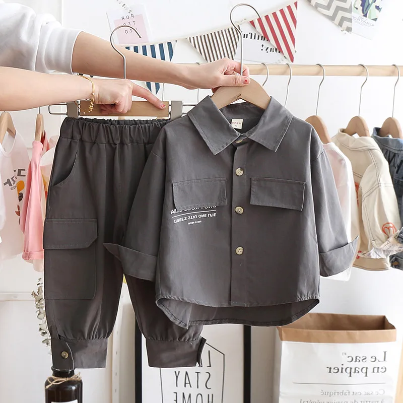 

Baby Boys Sets Children's Clothing Suits 2 3 4 5 6 7 8 Year Fashion Autumn Beige Gray Tops Shirt and Pants 2pc Kids Outfit