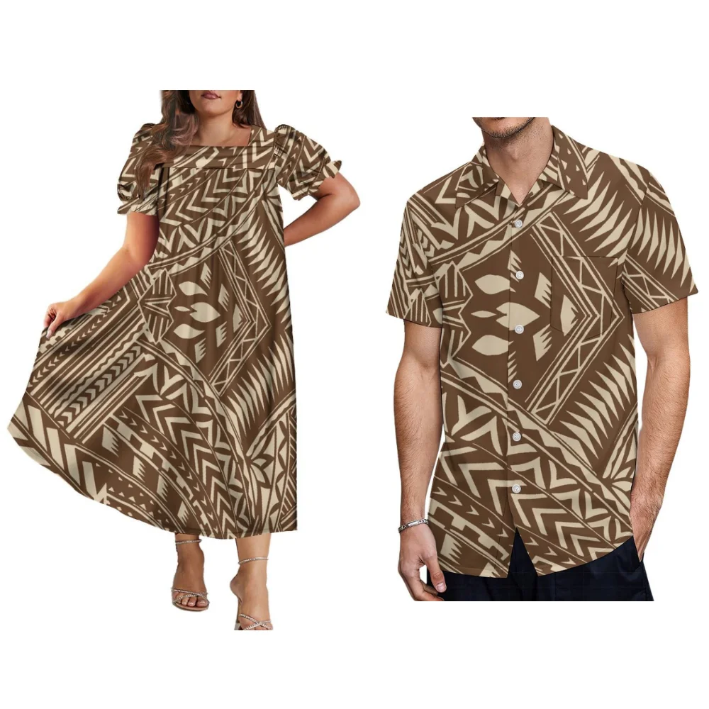 Polynesian Island Dress Mumu Maxi Dress With Puffed Sleeves For Women And Hawaiian Men'S Shirt Samoa Plus-Size Couple Suit