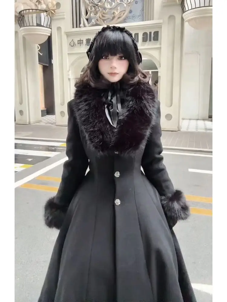 Gothic Classical Lolita Wool Coat Women Fur Collar Bow Decor Ruched Waist Slim Fit Long Winter Warm Elegant Party Outfit 2026