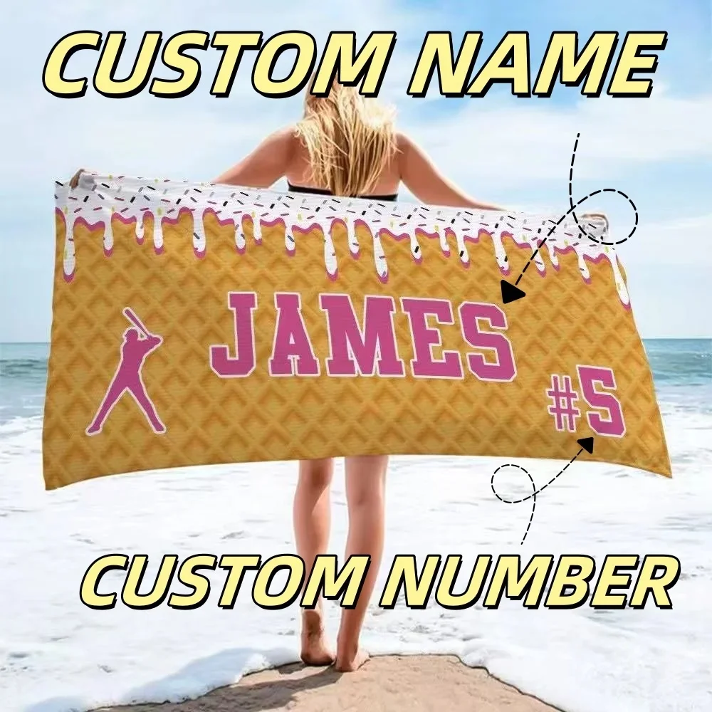 Custom Name Beach Towel Microfiber Ice Cream Baseball For Boys Sports Team Quick-Drying Beach Towel Personalized Absorbent Towel