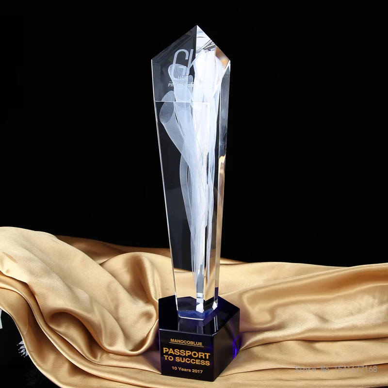 

Crystal Trophy with Engraving Flame, Creative Lettering, Excellent Staff, annual Meeting, Award Gift, Home Decor, Blue Base