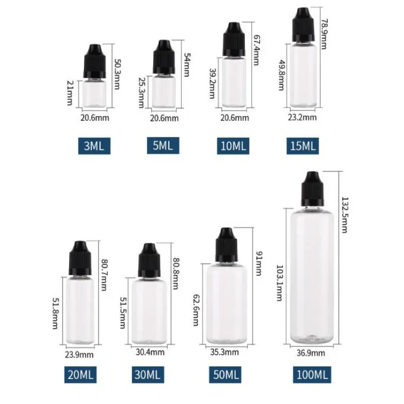 10 Stuks Lege 3Ml-120Ml Knijpbare Pet E Vloeibare Druppelflesjes Oog Vloeibare Druppelbakjes W/Kleur Crc Doppen Met Gratis Trechters