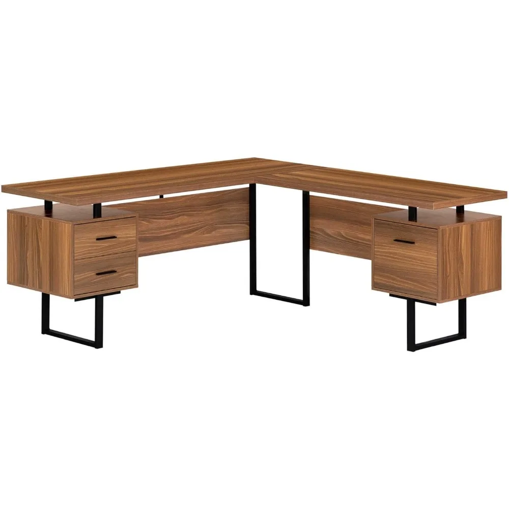 

"Corner Computer Desk for Home Office, Dual Side Setup, Storage Drawers, 70" L-Shape, Suitable for Work and Laptops, Metal Frame