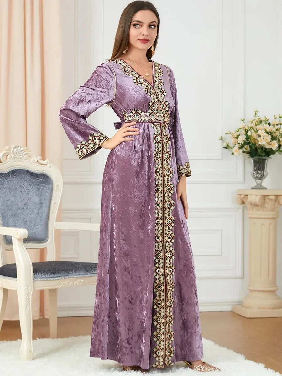 Elegant Velvet Muslim Dress Women Big Swing A-line Maxi Dress Kimono Jubah Long Robe Print Abaya Dresses Islamic Clothing Elbise